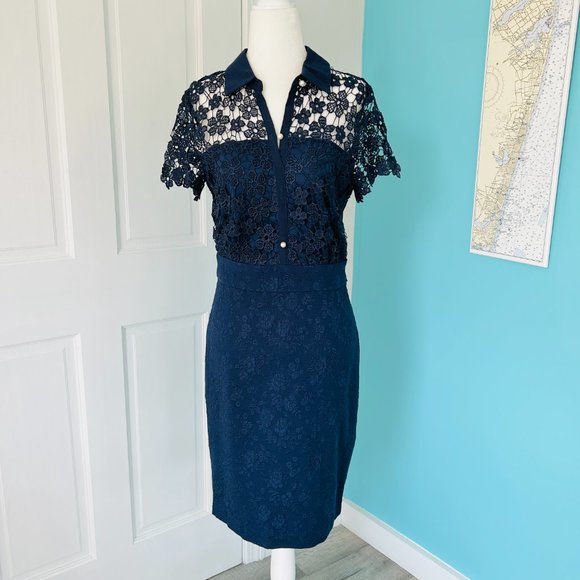 Karl Lagerfeld Navy Collared Lace Sheath Short Sleeve Dress (size 2) - Picture 2 of 13